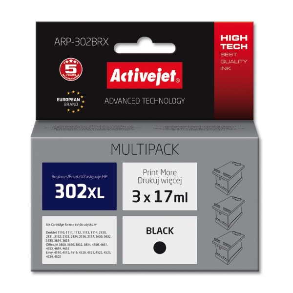 Multipack Activejet ARP-302BRX (zamiennik HP 302XL F6U68AE; Supreme; 3x17ml; czarny)