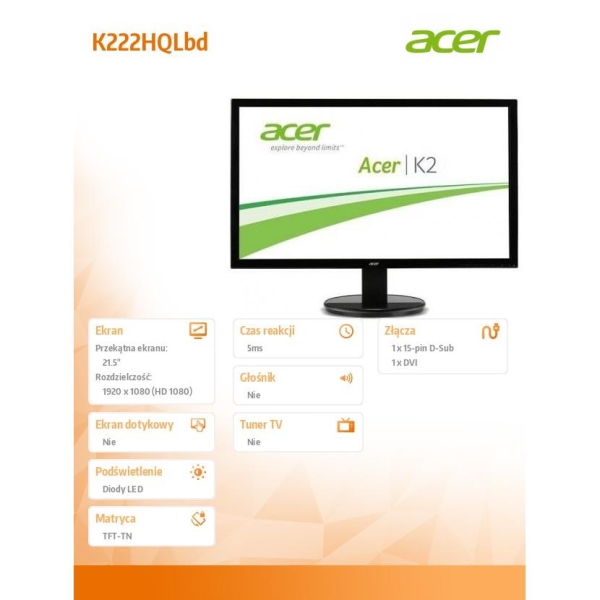 Monitor 21.5 K222HQLbd 55cm 16:9 LED 1920x1080(FHD) 5ms 100M:1 DVI-1407790