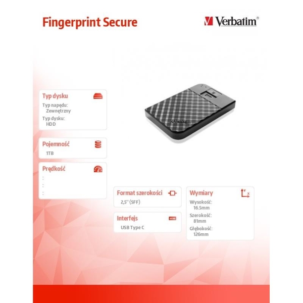 Dysk zewnętrzny Fingerprint Secure 1TB 2.5 cala USB-C 3.0 Gen1 czytnik linii papilarnych -1507928