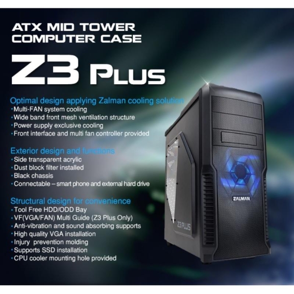 Obudowa Z3 Plus ATX Mid Tower Blue LED fan ODD