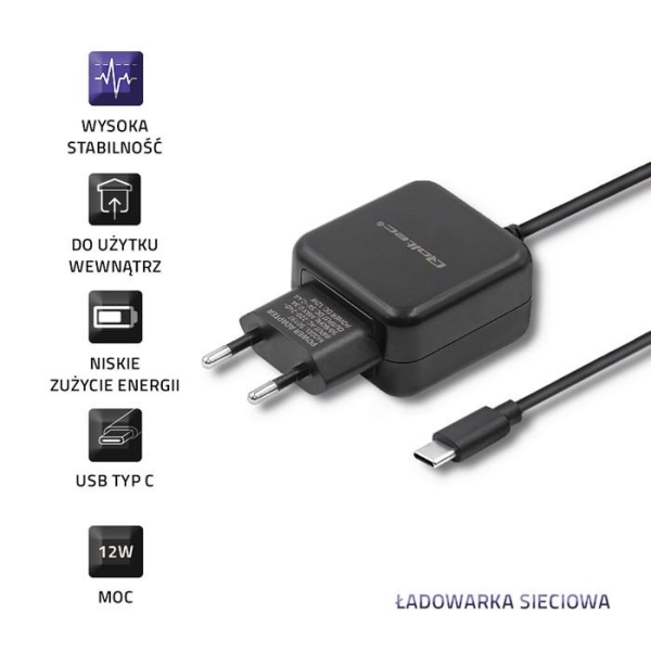 Ładowarka sieciowa 5V | 2.4A | 12W | USB typ C | Czarna -1863303