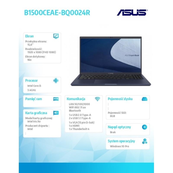 Notebook Asus ExpertBook B1500CEAE-BQ0024R i5 1135G7 8/256/w10 PRO 36 miesięcy ON-SITE NBD -1873585