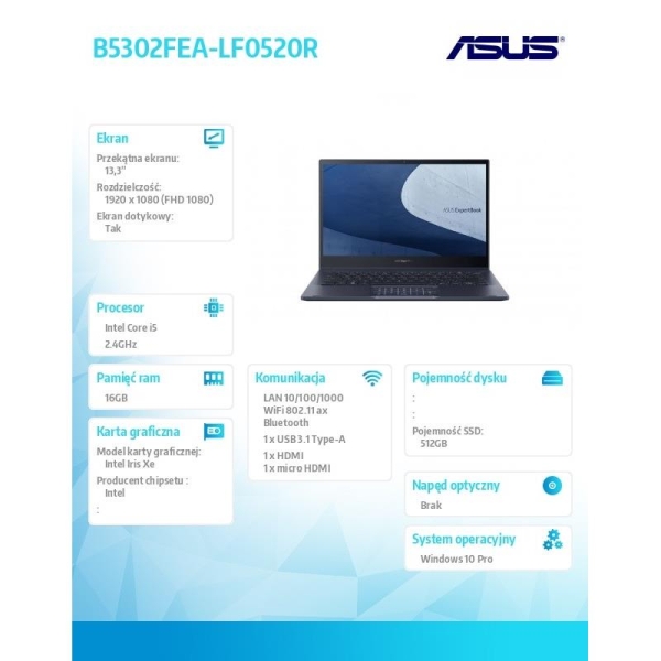 Notebook Asus ExpertBook B5302FEA-LF0520R i5 1135G7 16/512/int/13/ Win 10 PRO ; 36 miesięcy ON-SITE NBD-1906288