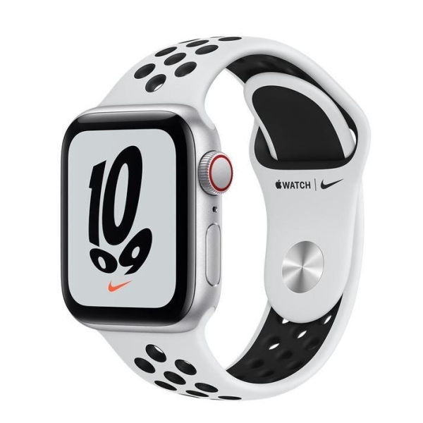 Watch Nike SE GPS + Cellular, 44mm koperta z aluminium w kolorze srebrnym z paskiem sportowym w kolorze czystej platyny/czarnym - Regular
