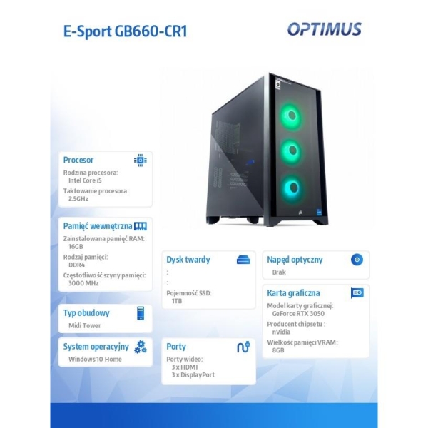 Komputer E-Sport GB660T-CR1 i5-12400F/16GB/1TB SSD/3050 OC 8GB/W11H-1948068