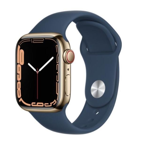 Apple Watch Series 7 GPS + Cellular, 45mm Koperta ze stali nierdzewnej w kolorze złotym z paskiem sportowym w kolorze błękitnej toni - Regular